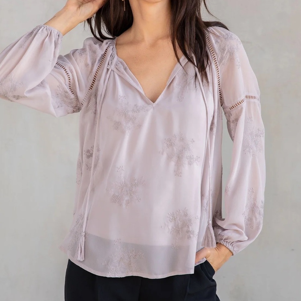 NWT LoveStitch Embroidered Chiffon Blouse Lace trimmed/ Tassel Ties